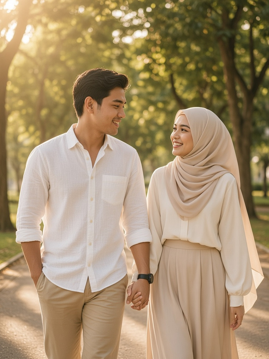 Foto pra-perkahwinan 1 daripada 4, Faris & Nur Hana: berjalan di taman (contoh)