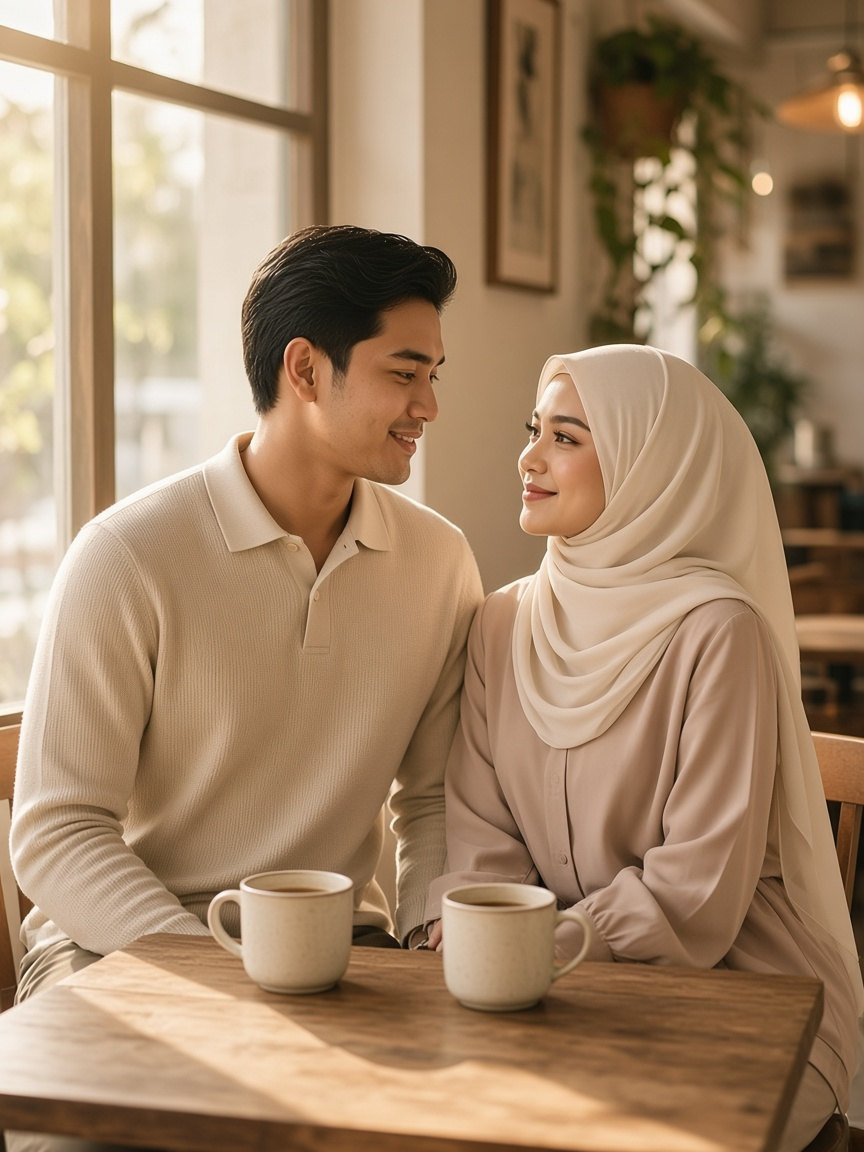 Foto pra-perkahwinan 2 daripada 4, Faris & Nur Hana: di kafe (contoh)