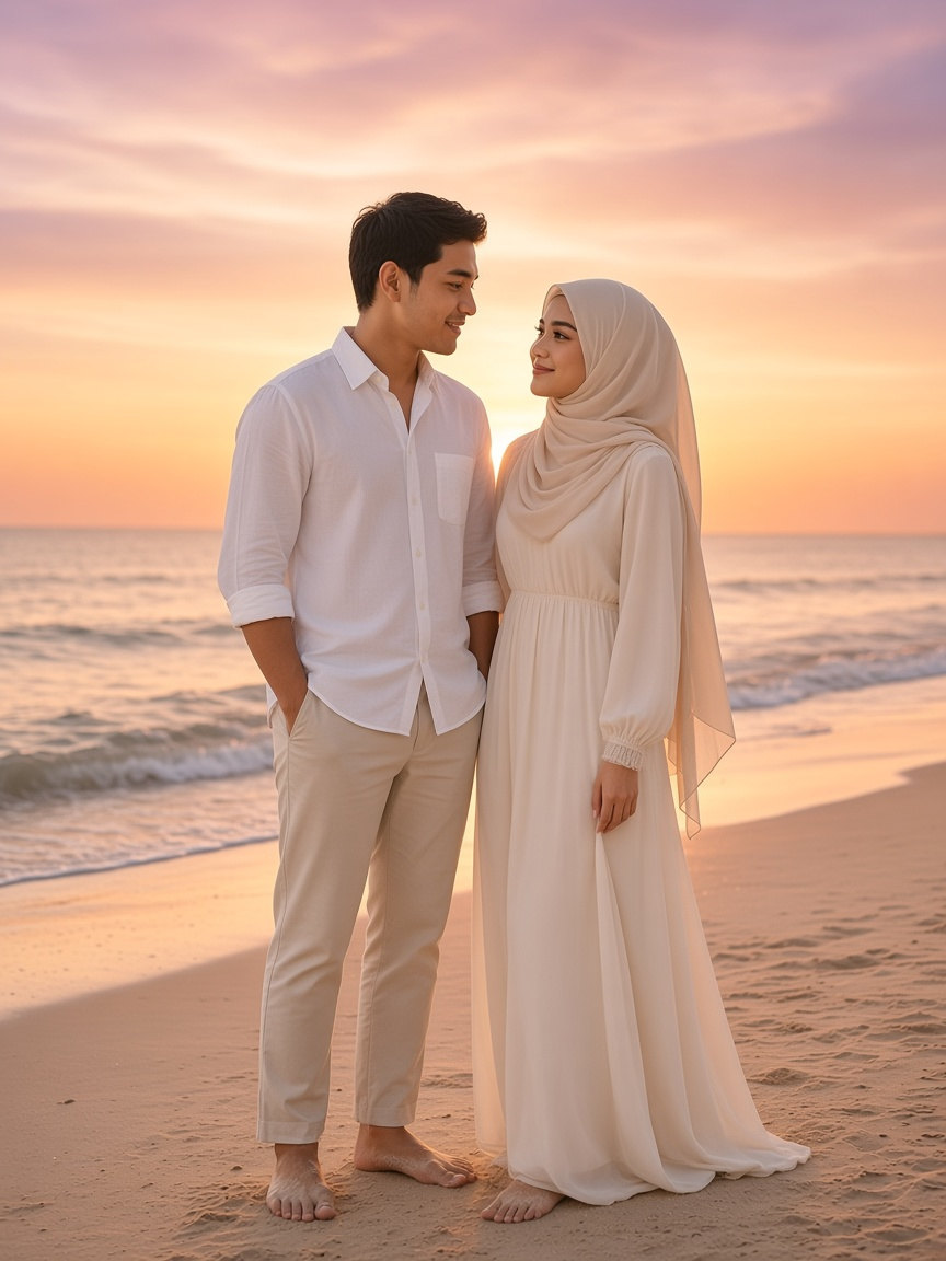 Foto pra-perkahwinan 3 daripada 4, Faris & Nur Hana: di pantai (contoh)
